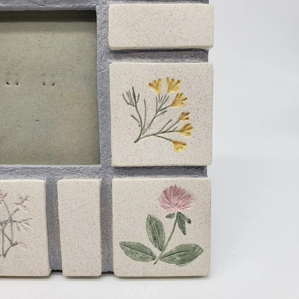 VTG Malden Hand Painted Picture Frame Tile Stone‎ Botanical Flowers Herbs Square